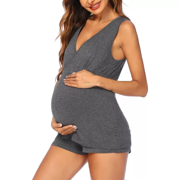 Ekouaer 3 in 1 Labor Delivery Nursing PJS Maternity Nursing Pajamas Shorts Set Stripe Pregnancy Breastfeeding SleepwearDark Grey