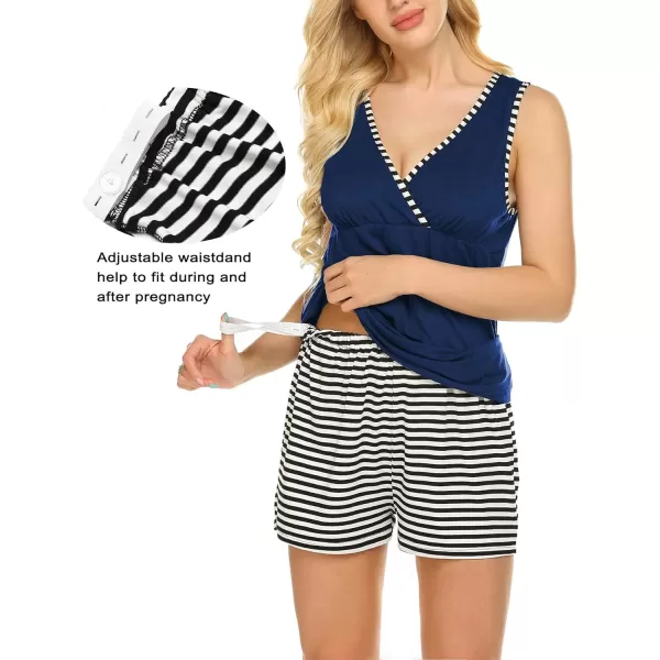 Ekouaer 3 in 1 Labor Delivery Nursing PJS Maternity Nursing Pajamas Shorts Set Stripe Pregnancy Breastfeeding SleepwearNew Navy Stripe