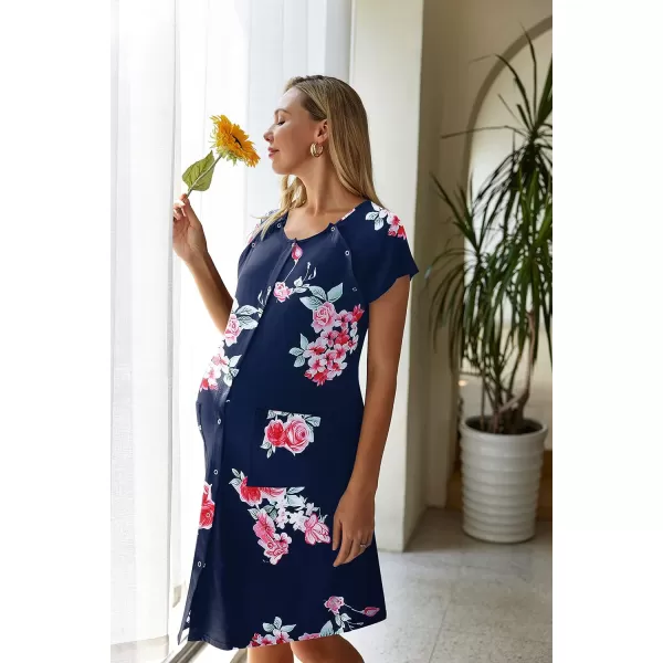 Ekouaer 3 in 1 LaborDeliveryHospital Gown Nursing Dress Maternity Nightgown Sleepwear for Breastfeeding with Button SXXLNavy Bluepink Flower