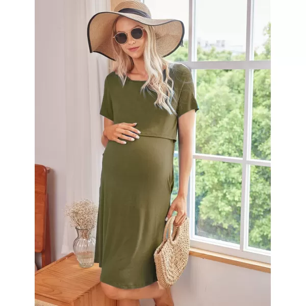 Ekouaer 3 in 1 Maternity Nightgown Short Sleeve Nursing Dress Breastfeeding Sleepwear for WomenArmy Green