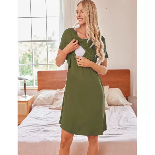 Ekouaer 3 in 1 Maternity Nightgown Short Sleeve Nursing Dress Breastfeeding Sleepwear for WomenArmy Green