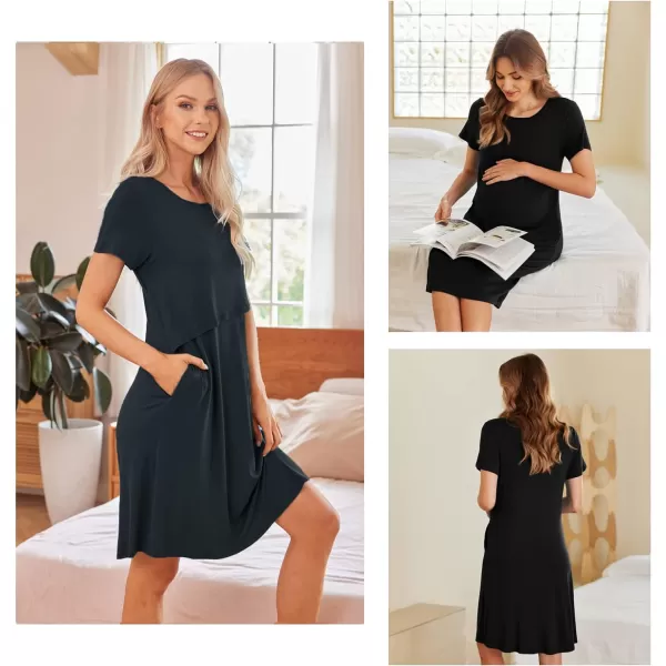 Ekouaer 3 in 1 Maternity Nightgown Short Sleeve Nursing Dress Breastfeeding Sleepwear for WomenBlack