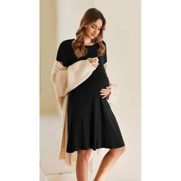 Ekouaer 3 in 1 Maternity Nightgown Short Sleeve Nursing Dress Breastfeeding Sleepwear for WomenBlack