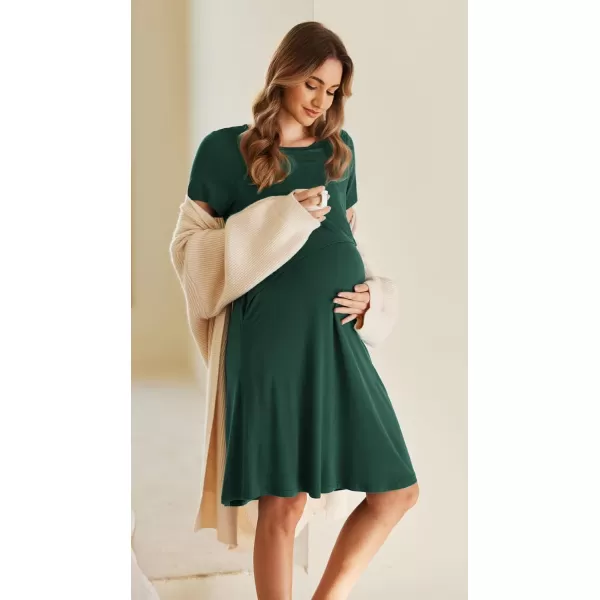 Ekouaer 3 in 1 Maternity Nightgown Short Sleeve Nursing Dress Breastfeeding Sleepwear for WomenDark Green