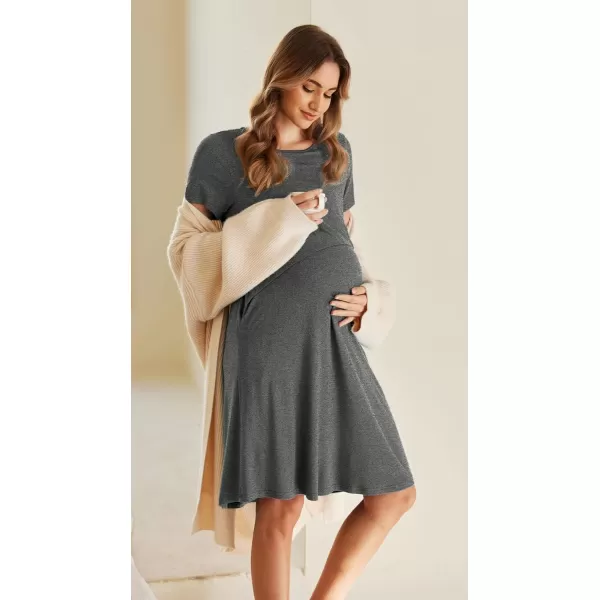 Ekouaer 3 in 1 Maternity Nightgown Short Sleeve Nursing Dress Breastfeeding Sleepwear for WomenMgrey Textile