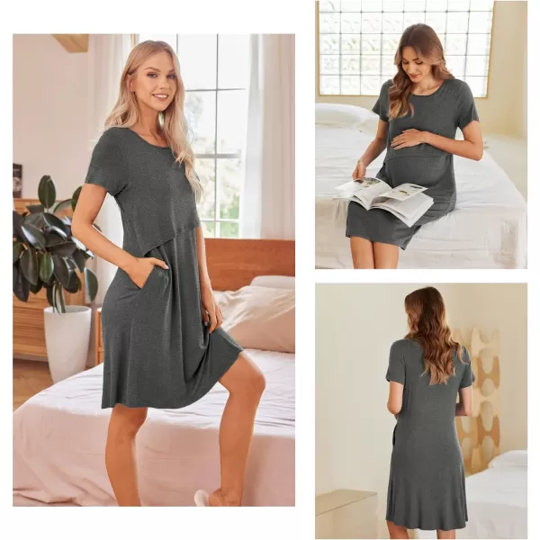 Ekouaer 3 in 1 Maternity Nightgown Short Sleeve Nursing Dress Breastfeeding Sleepwear for WomenMgrey Textile