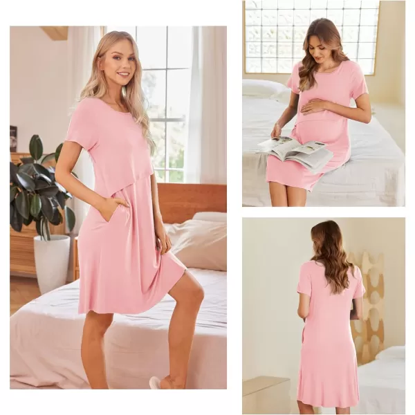 Ekouaer 3 in 1 Maternity Nightgown Short Sleeve Nursing Dress Breastfeeding Sleepwear for WomenPink