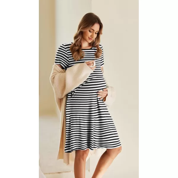 Ekouaer 3 in 1 Maternity Nightgown Short Sleeve Nursing Dress Breastfeeding Sleepwear for WomenStripe1