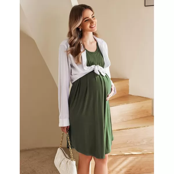 Ekouaer 3 in 1 Maternity Nursing Nightgown LaborDelivery Hospital Gown Flare Sleeve Pleated Breastfeeding DressArmy Green
