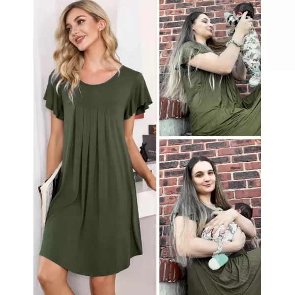 Ekouaer 3 in 1 Maternity Nursing Nightgown LaborDelivery Hospital Gown Flare Sleeve Pleated Breastfeeding DressArmy Green