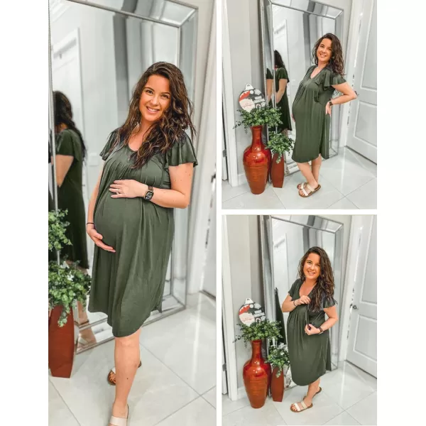 Ekouaer 3 in 1 Maternity Nursing Nightgown LaborDelivery Hospital Gown Flare Sleeve Pleated Breastfeeding DressArmy Green