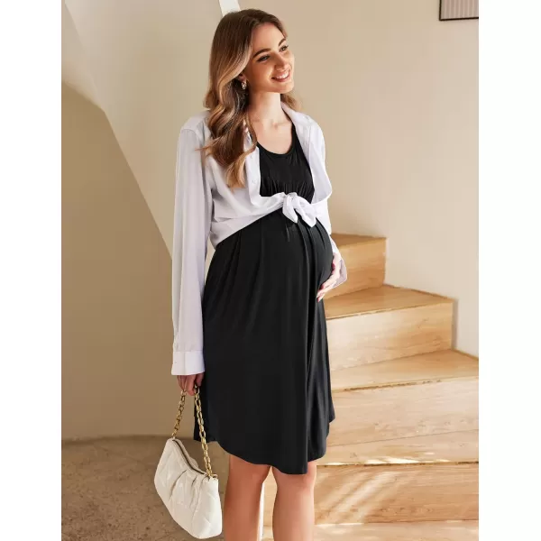 Ekouaer 3 in 1 Maternity Nursing Nightgown LaborDelivery Hospital Gown Flare Sleeve Pleated Breastfeeding DressBlack