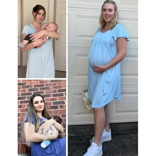 Ekouaer 3 in 1 Maternity Nursing Nightgown LaborDelivery Hospital Gown Flare Sleeve Pleated Breastfeeding DressBlue