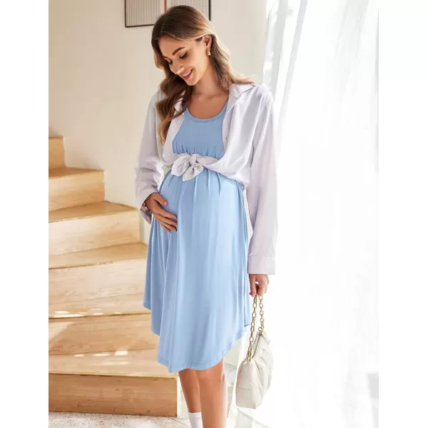 Ekouaer 3 in 1 Maternity Nursing Nightgown LaborDelivery Hospital Gown Flare Sleeve Pleated Breastfeeding DressBlue