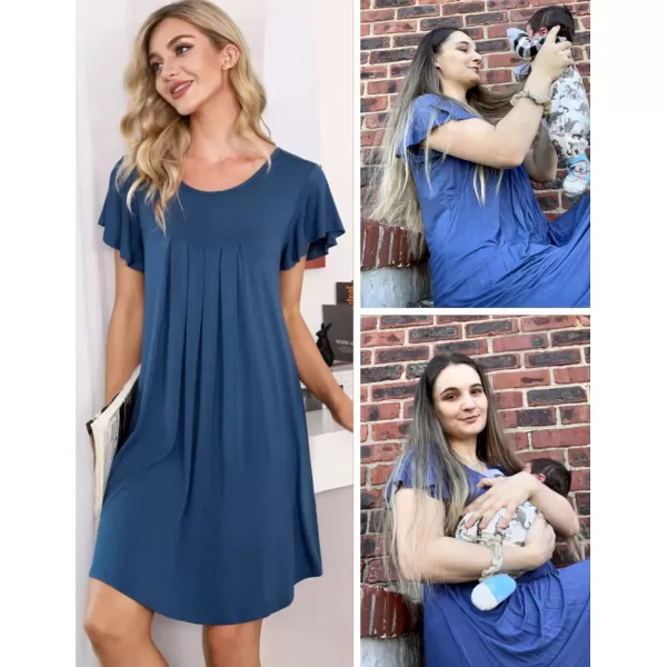 Ekouaer 3 in 1 Maternity Nursing Nightgown LaborDelivery Hospital Gown Flare Sleeve Pleated Breastfeeding DressNavy