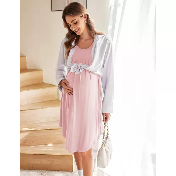 Ekouaer 3 in 1 Maternity Nursing Nightgown LaborDelivery Hospital Gown Flare Sleeve Pleated Breastfeeding DressPink