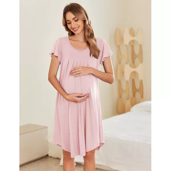 Ekouaer 3 in 1 Maternity Nursing Nightgown LaborDelivery Hospital Gown Flare Sleeve Pleated Breastfeeding DressPink