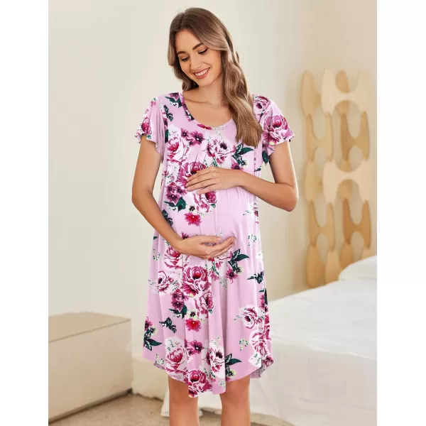 Ekouaer 3 in 1 Maternity Nursing Nightgown LaborDelivery Hospital Gown Flare Sleeve Pleated Breastfeeding DressPink Floral