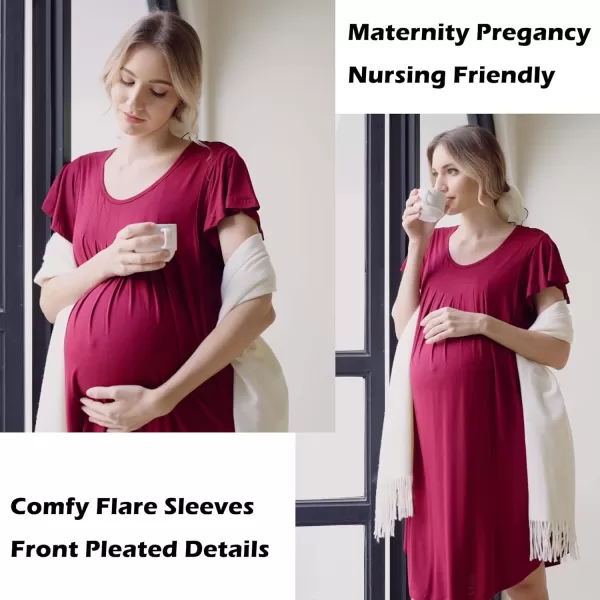 Ekouaer 3 in 1 Maternity Nursing Nightgown LaborDelivery Hospital Gown Flare Sleeve Pleated Breastfeeding DressWine Red