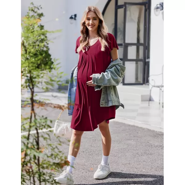 Ekouaer 3 in 1 Maternity Nursing Nightgown LaborDelivery Hospital Gown Flare Sleeve Pleated Breastfeeding DressWine Red