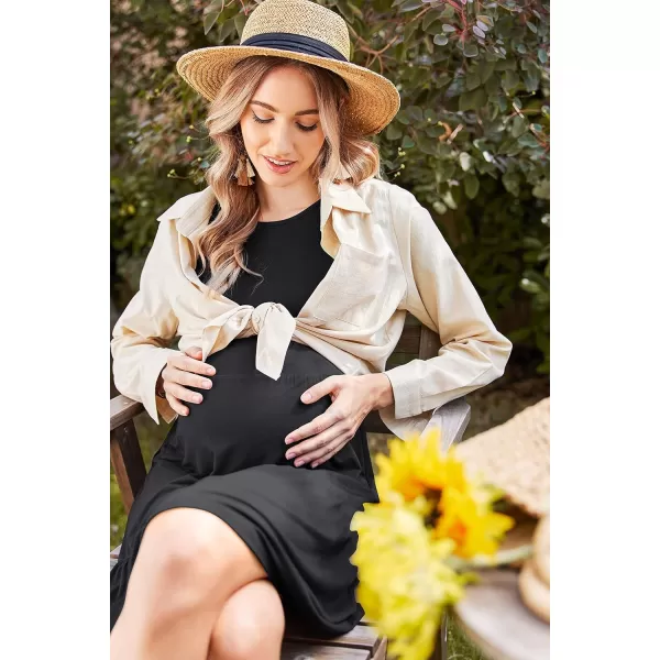 Ekouaer 3 in 1 Maternity Nursing Nightgown LaborDelivery Hospital Gown Flare Sleeve Pleated Breastfeeding DressZz Classic Black