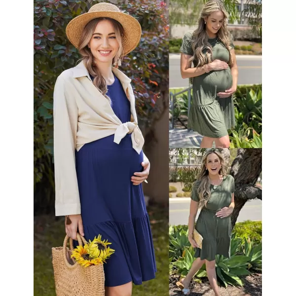 Ekouaer 3 in 1 Maternity Nursing Nightgown LaborDelivery Hospital Gown Flare Sleeve Pleated Breastfeeding DressZz Navy Blue