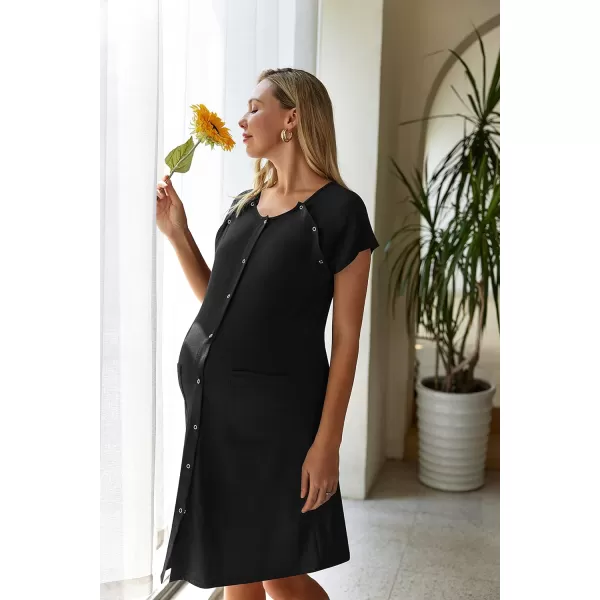 Ekouaer 3 in 1 Nursing Dress Maternity Nightgown LaborDelivery Breastfeeding Birthing Gown with ButtonAblack