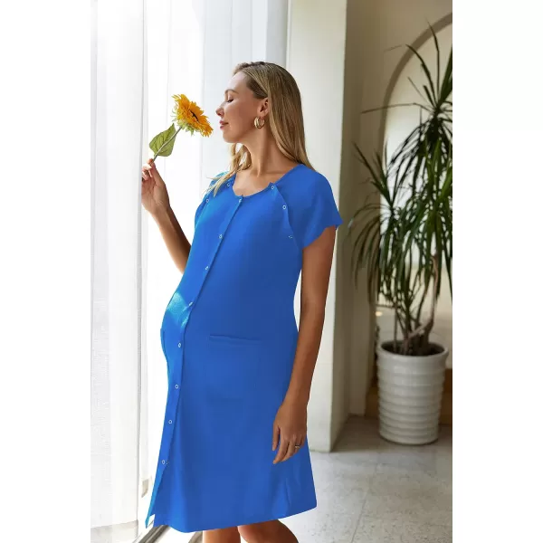 Ekouaer 3 in 1 Nursing Dress Maternity Nightgown LaborDelivery Breastfeeding Birthing Gown with ButtonBlue