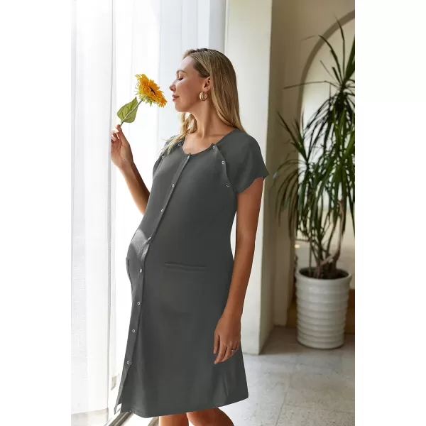Ekouaer 3 in 1 Nursing Dress Maternity Nightgown LaborDelivery Breastfeeding Birthing Gown with ButtonDark Gray
