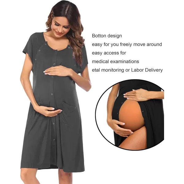 Ekouaer 3 in 1 Nursing Dress Maternity Nightgown LaborDelivery Breastfeeding Birthing Gown with ButtonDark Gray