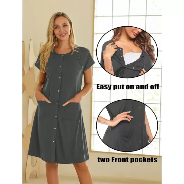 Ekouaer 3 in 1 Nursing Dress Maternity Nightgown LaborDelivery Breastfeeding Birthing Gown with ButtonDark Gray