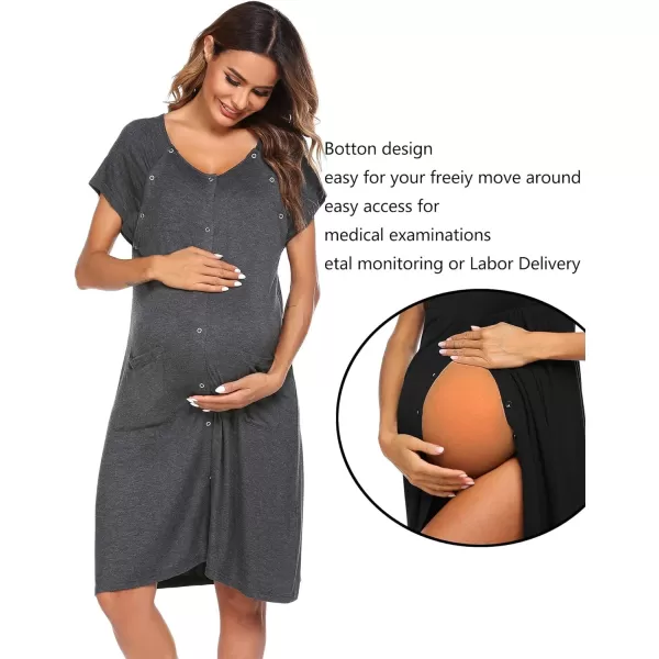 Ekouaer 3 in 1 Nursing Dress Maternity Nightgown LaborDelivery Breastfeeding Birthing Gown with ButtonLight Grey