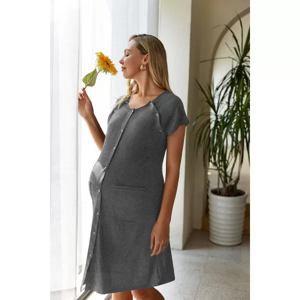 Ekouaer 3 in 1 Nursing Dress Maternity Nightgown LaborDelivery Breastfeeding Birthing Gown with ButtonLight Grey