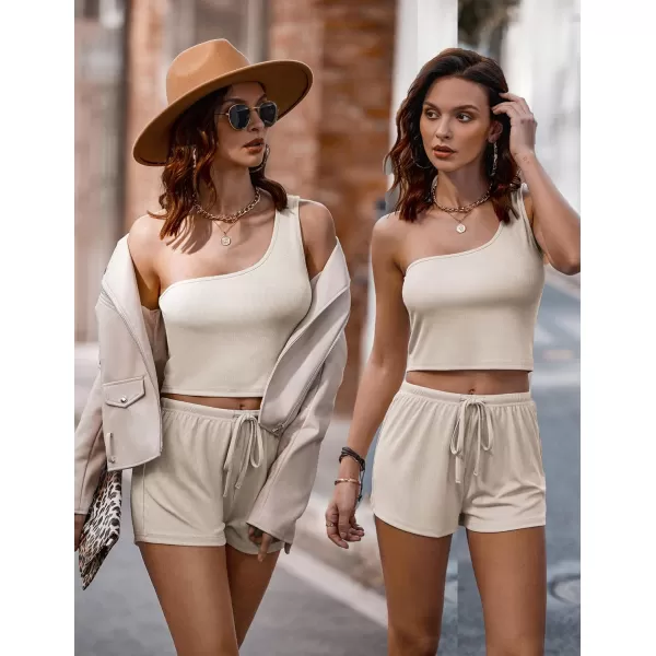 Ekouaer 4 Piece Outfits Crop Tank Top Elastic Waist Shorts Pajama Set Casual Lounge Sets for Daily and Sport WearingApricot