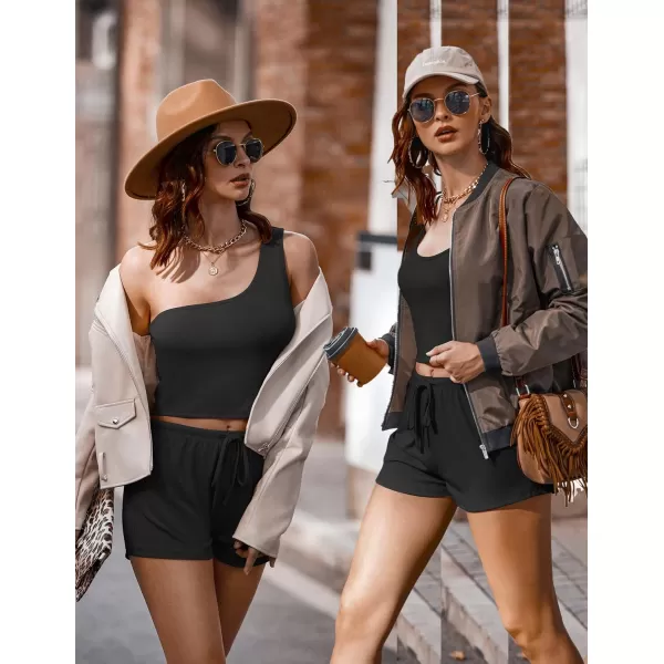 Ekouaer 4 Piece Outfits Crop Tank Top Elastic Waist Shorts Pajama Set Casual Lounge Sets for Daily and Sport WearingBlack