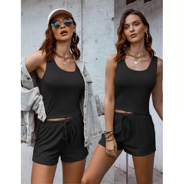 Ekouaer 4 Piece Outfits Crop Tank Top Elastic Waist Shorts Pajama Set Casual Lounge Sets for Daily and Sport WearingBlack