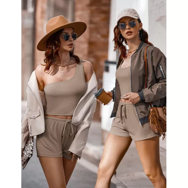 Ekouaer 4 Piece Outfits Crop Tank Top Elastic Waist Shorts Pajama Set Casual Lounge Sets for Daily and Sport WearingKhaki