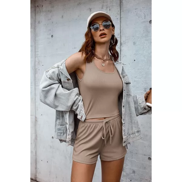 Ekouaer 4 Piece Outfits Crop Tank Top Elastic Waist Shorts Pajama Set Casual Lounge Sets for Daily and Sport WearingKhaki