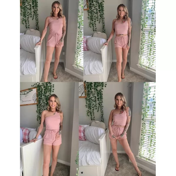 Ekouaer 4 Piece Outfits Crop Tank Top Elastic Waist Shorts Pajama Set Casual Lounge Sets for Daily and Sport WearingPink