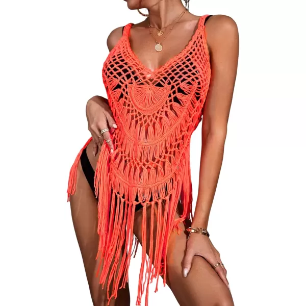 Ekouaer Beach Swimsuit Cover Up Women Crochet Bikini Coverups Summer Pool Swimwear Tassel DressOrange