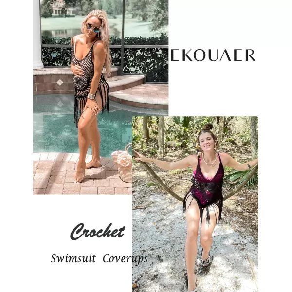 Ekouaer Beach Swimsuit Cover Up Women Crochet Bikini Coverups Summer Pool Swimwear Tassel DressZ Black