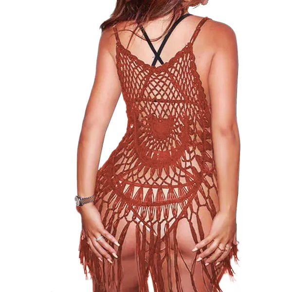 Ekouaer Beach Swimsuit Cover Up Women Crochet Bikini Coverups Summer Pool Swimwear Tassel DressZ Caramel