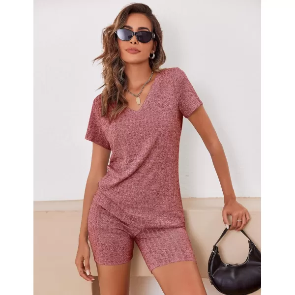 Ekouaer Biker Short Sets Women 2 Piece Outfits Ribbed Pajama Short Sleeve Workout SetWine Red