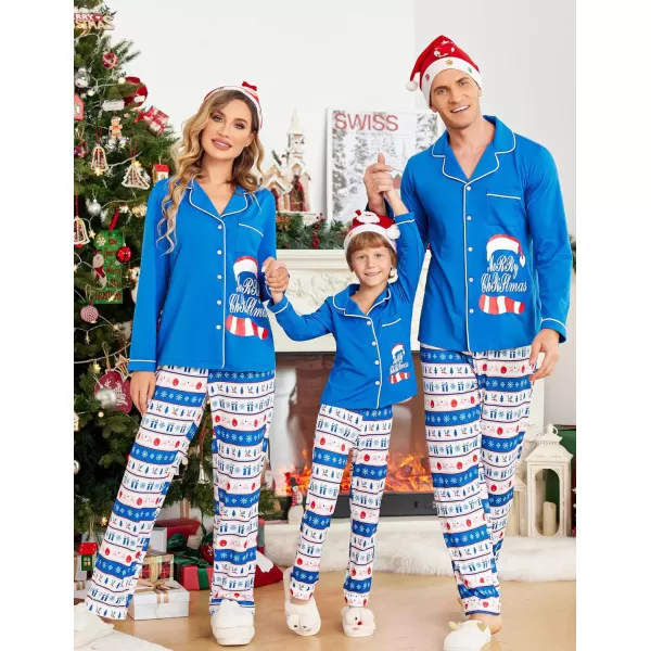 Ekouaer Christmas Family Matching Pajamas Long Sleeve Couple Pj Set Festival Party Sleepwear with Button SXXLKids Blue With Christmas Hat