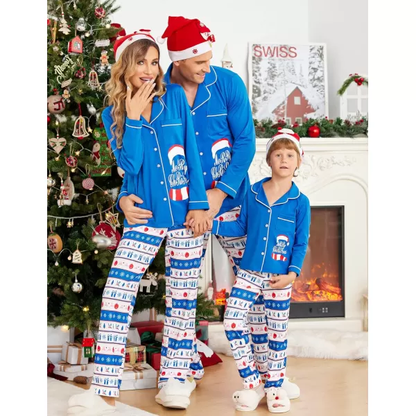 Ekouaer Christmas Family Matching Pajamas Long Sleeve Couple Pj Set Festival Party Sleepwear with Button SXXLKids Blue With Christmas Hat