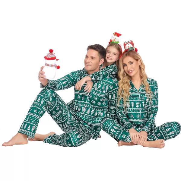 Ekouaer Christmas Family Matching Pajamas Long Sleeve Couple Pj Set Festival Party Sleepwear with Button SXXLKids Dark Green With Snowflake