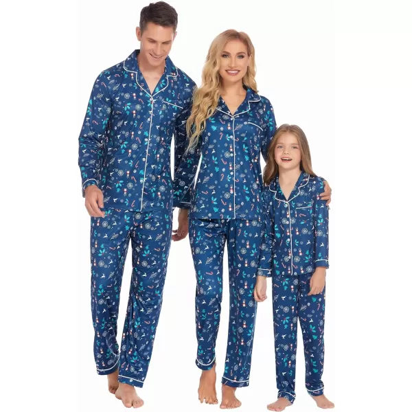 Ekouaer Christmas Family Matching Pajamas Long Sleeve Couple Pj Set Festival Party Sleepwear with Button SXXLKids Navy Blue With Xmas Tree