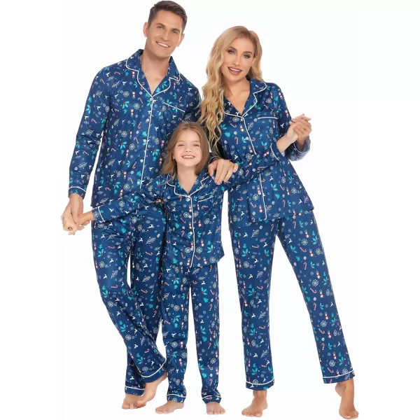 Ekouaer Christmas Family Matching Pajamas Long Sleeve Couple Pj Set Festival Party Sleepwear with Button SXXLKids Navy Blue With Xmas Tree