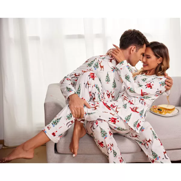 Ekouaer Christmas Family Matching Pajamas Long Sleeve Couple Pj Set Festival Party Sleepwear with Button SXXLMen White With Christmas Elements