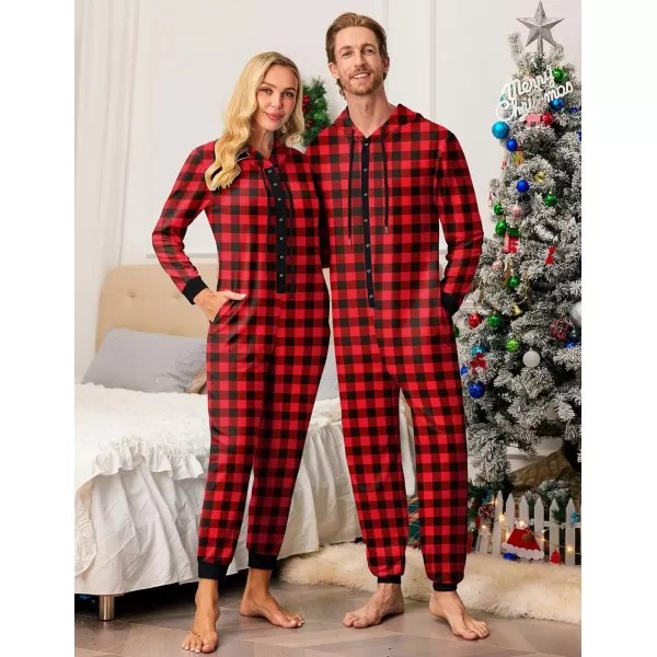 Ekouaer Christmas Matching Family Onesies Pajamas Long Sleeve Thermal One Piece Pajamas with ButtonMen Redplaid